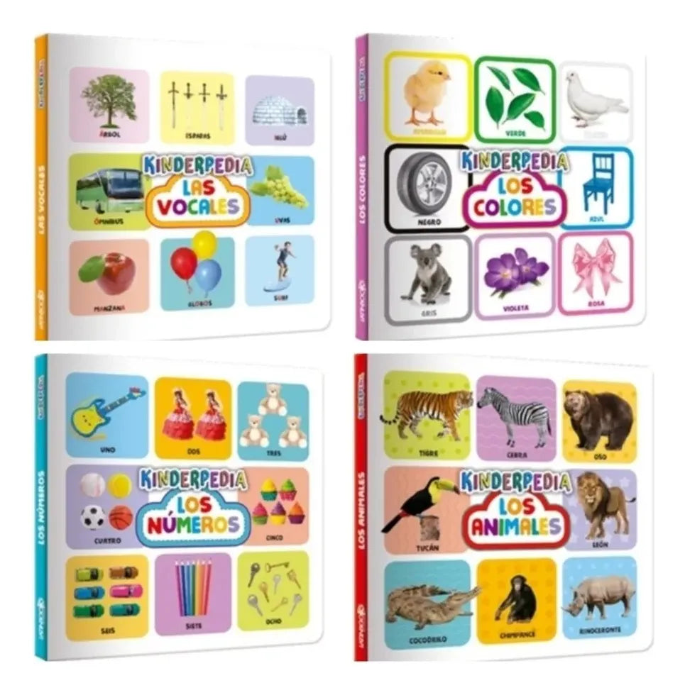 Set de 4 Libros Kinderpedia Vocales, Colores, Animales, Números - Pasta Dura